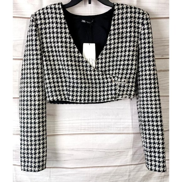 Zara cropped tweed blazer houndstooth size L with bling accessories - Picture 1 of 6